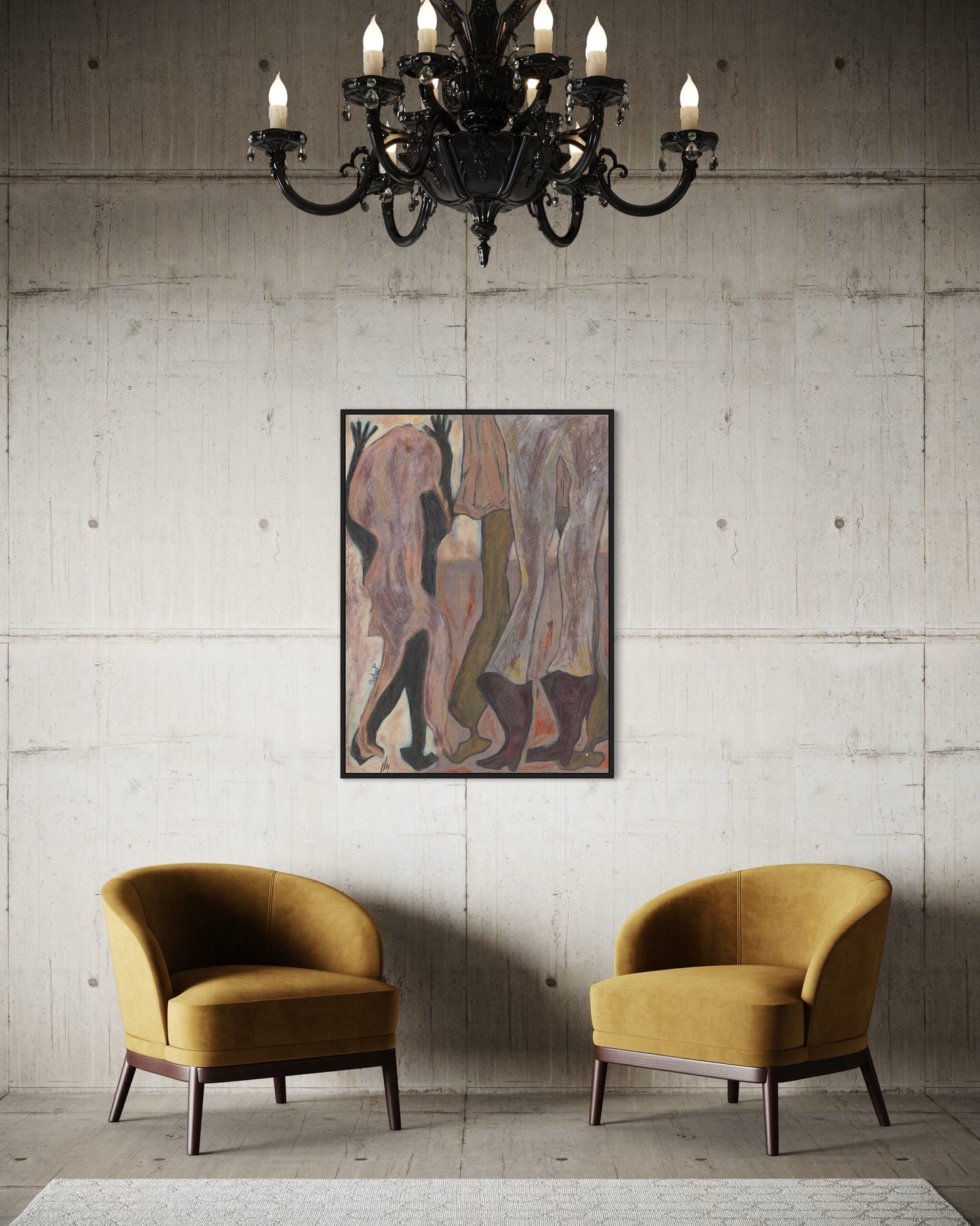 Two mustard yellow armchairs in a room with a concrete wall, framed abstract art, and a chandelier.