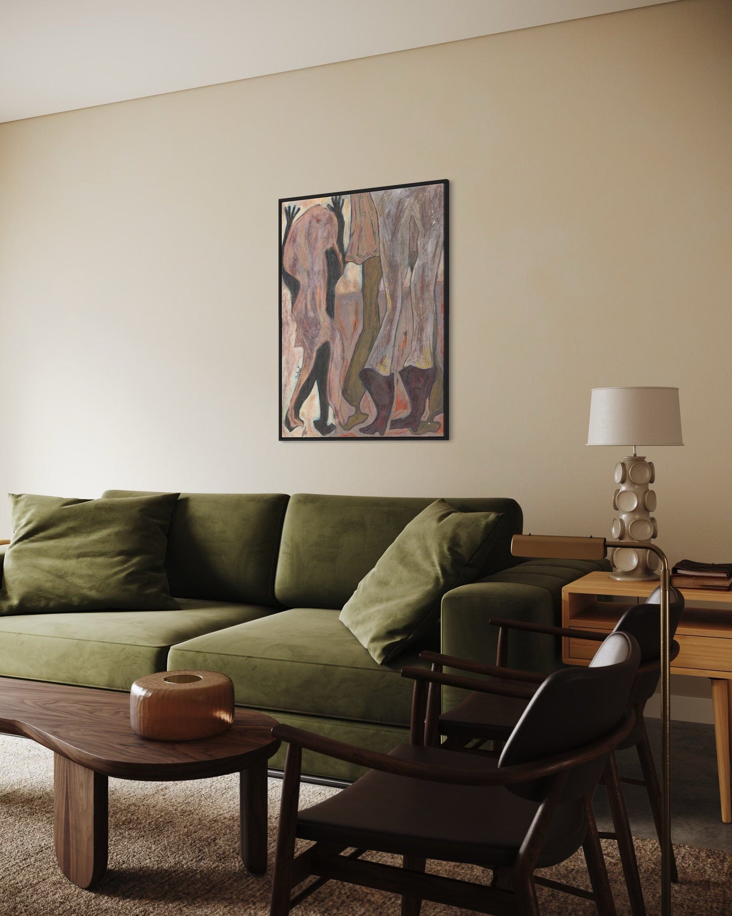 Living room with green sofa, wooden armchair, and abstract painting on wall.