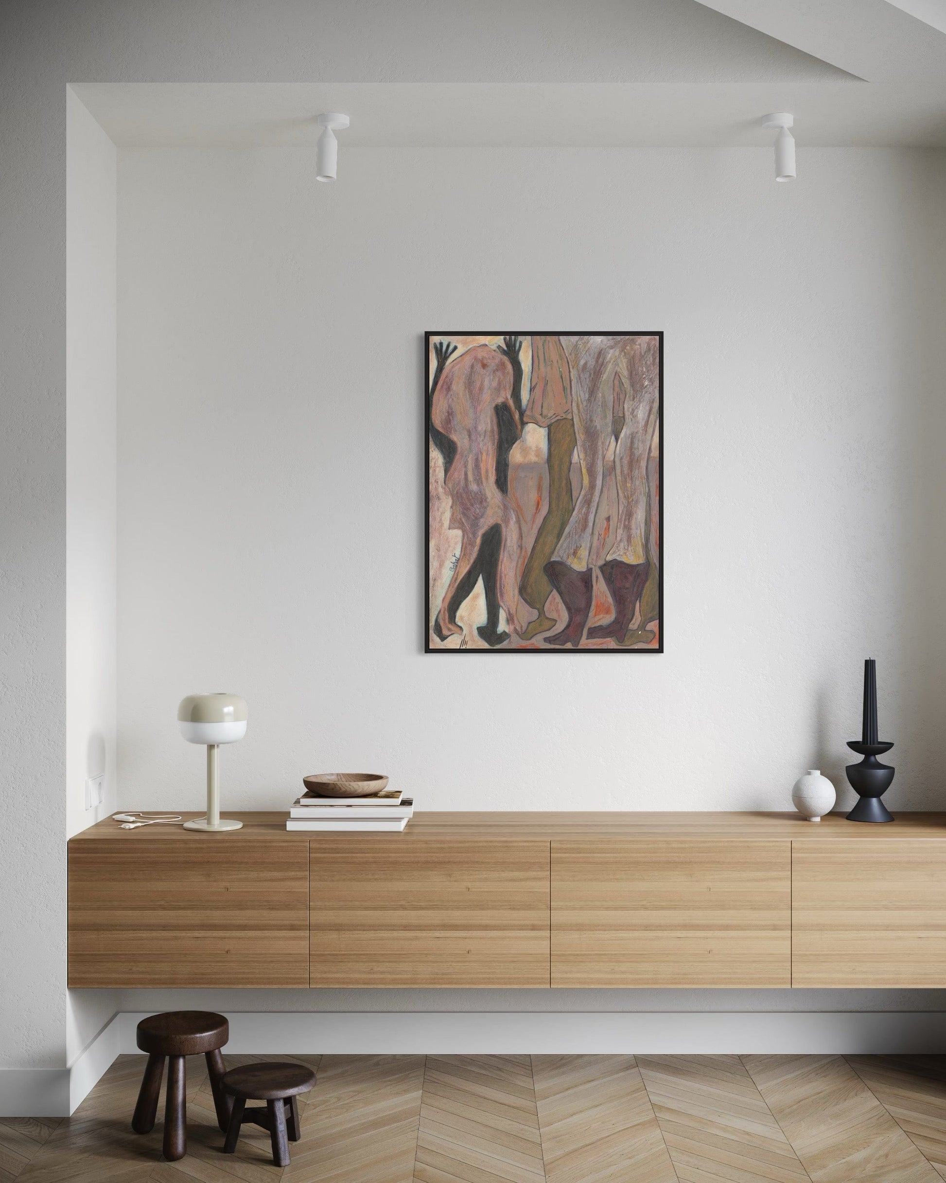 Modern interior with wooden console table, abstract painting, and decorative items.