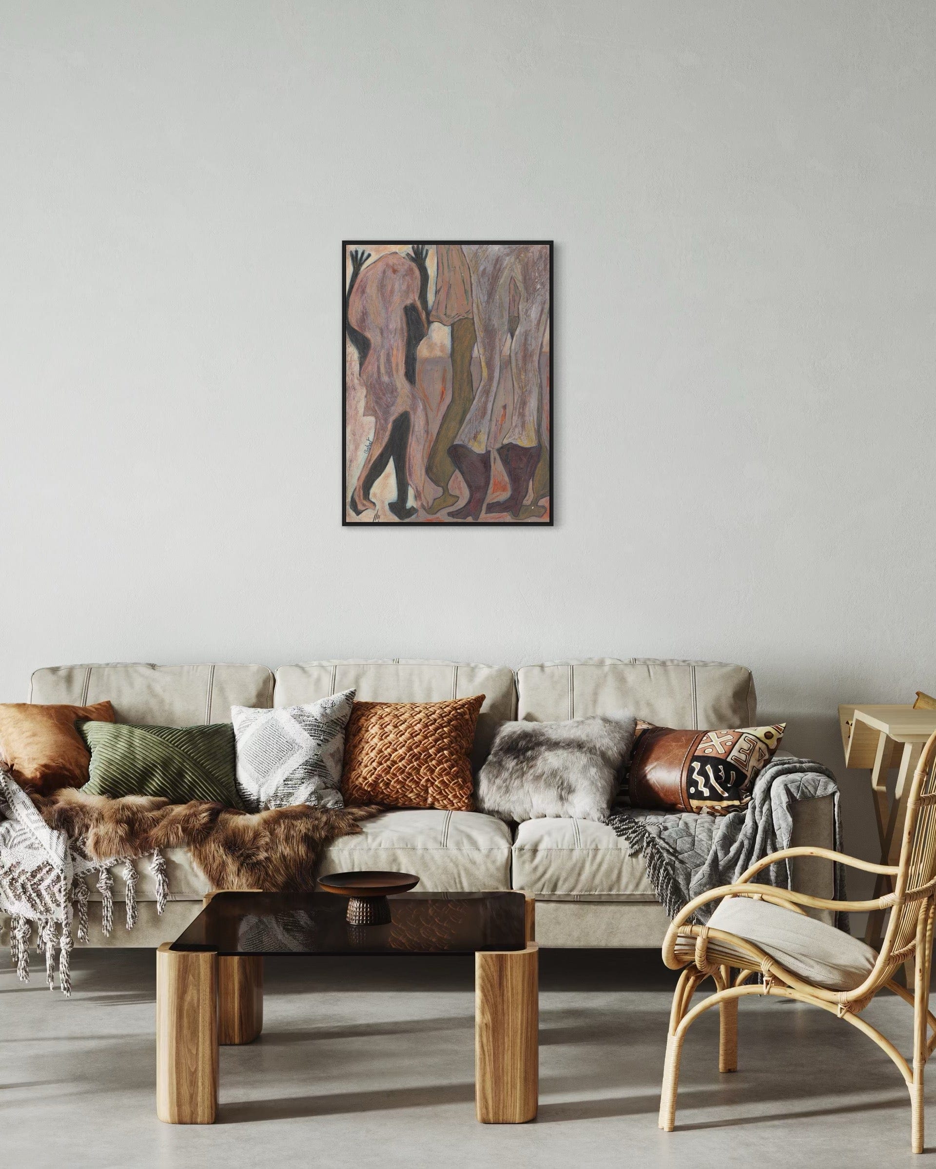 Living room with a beige sofa, wooden coffee table, and a wall art piece.