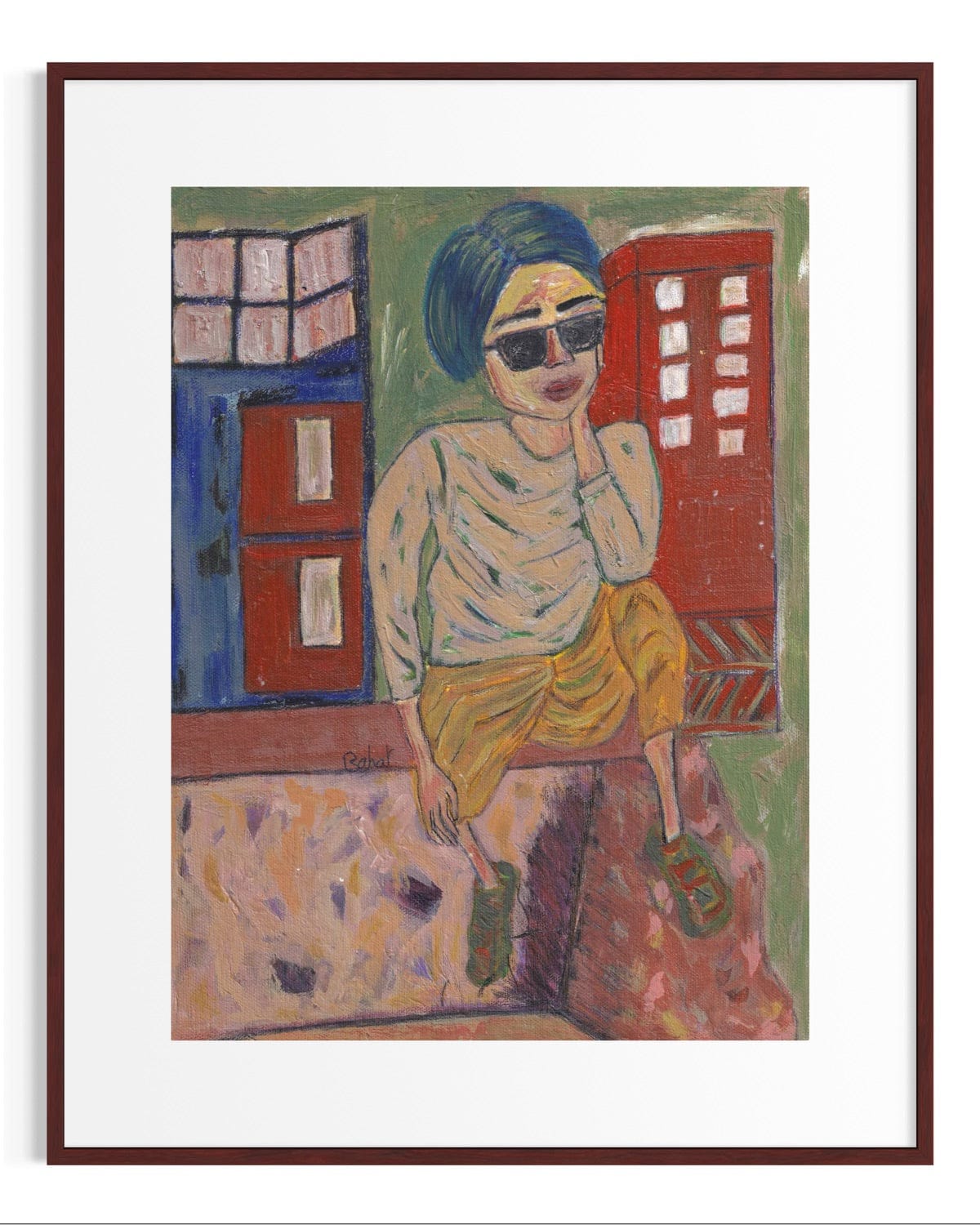 Framed artwork of a person sitting on a bench with colorful buildings in the background
