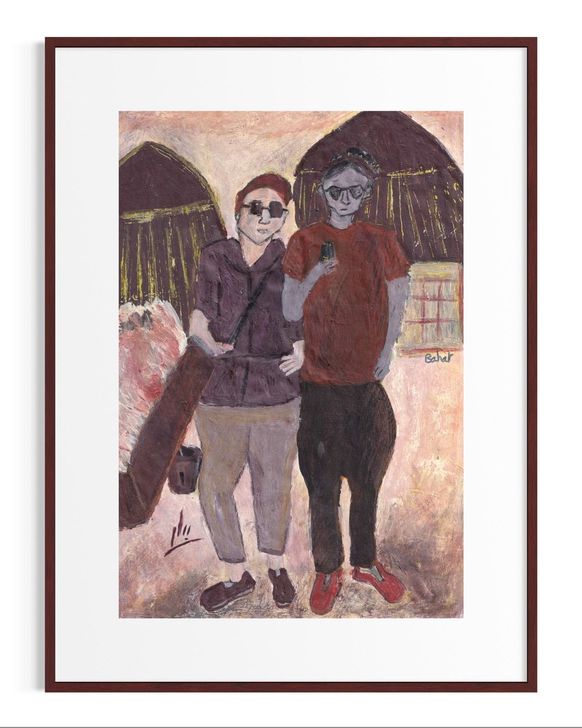 Artistic depiction of two people standing together with a rustic background