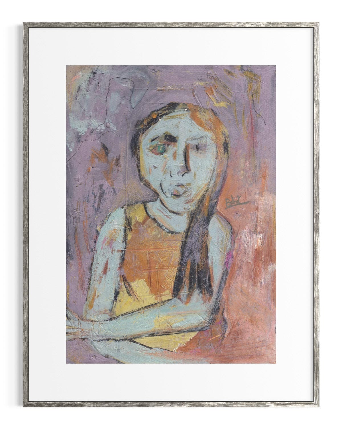 Framed abstract painting of a woman with a purple background
