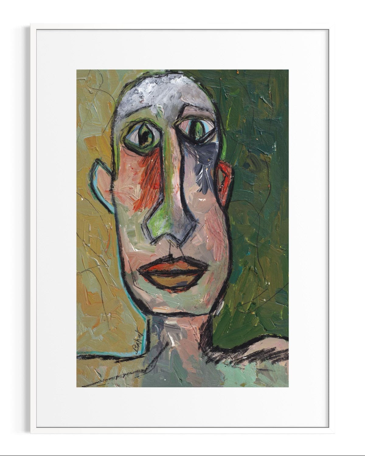 Abstract painting of a face with a white frame