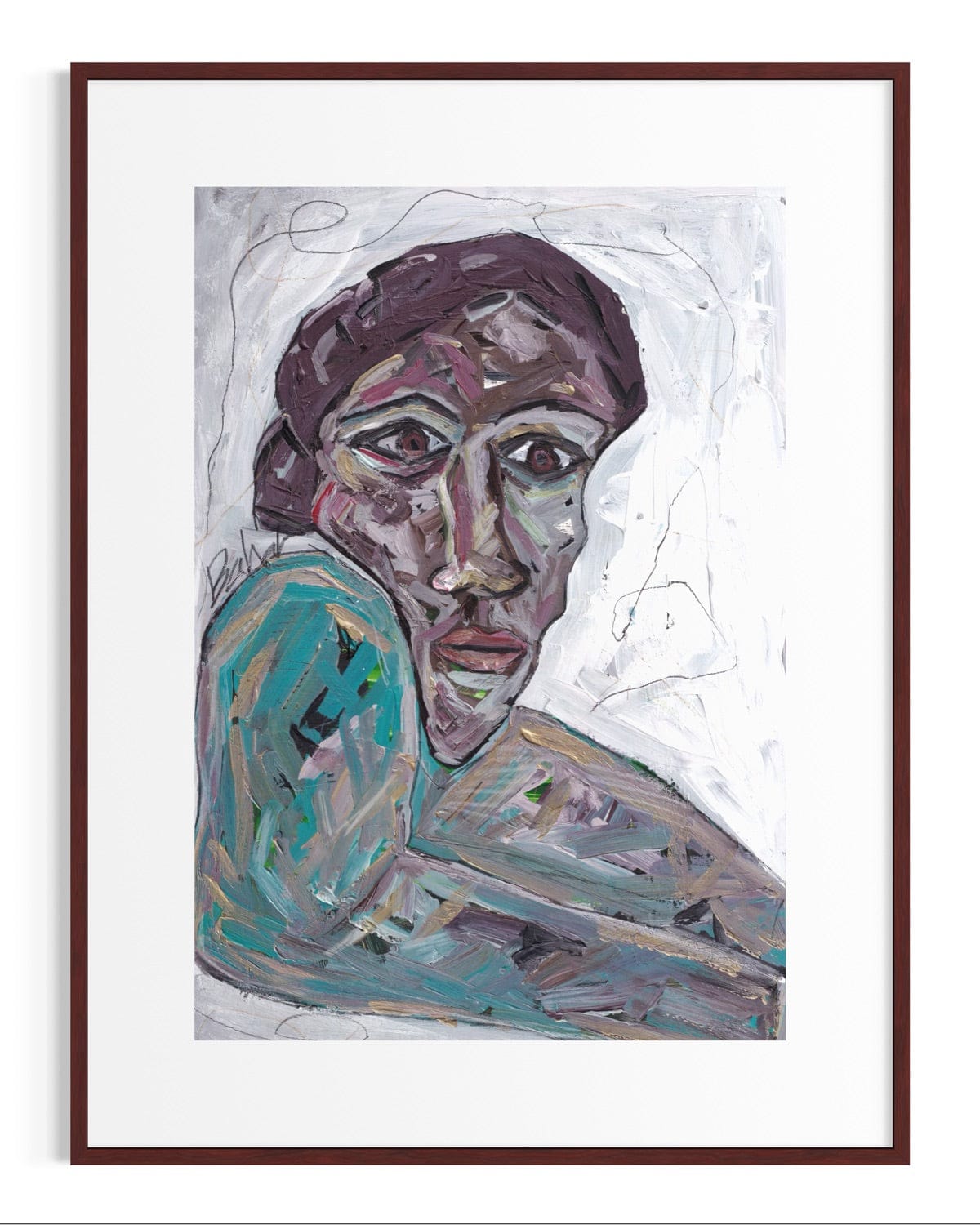 Framed abstract painting of a face with a white background