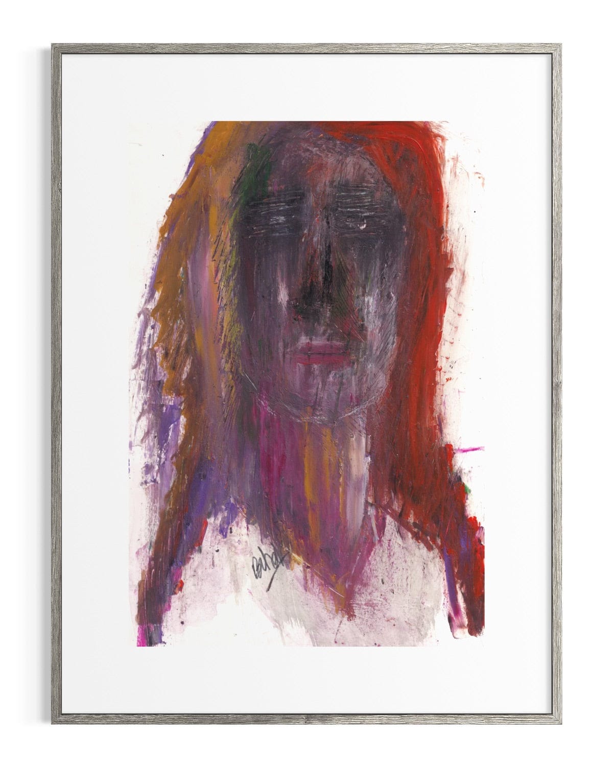 Framed abstract art of a face with colorful brushstrokes on a white background