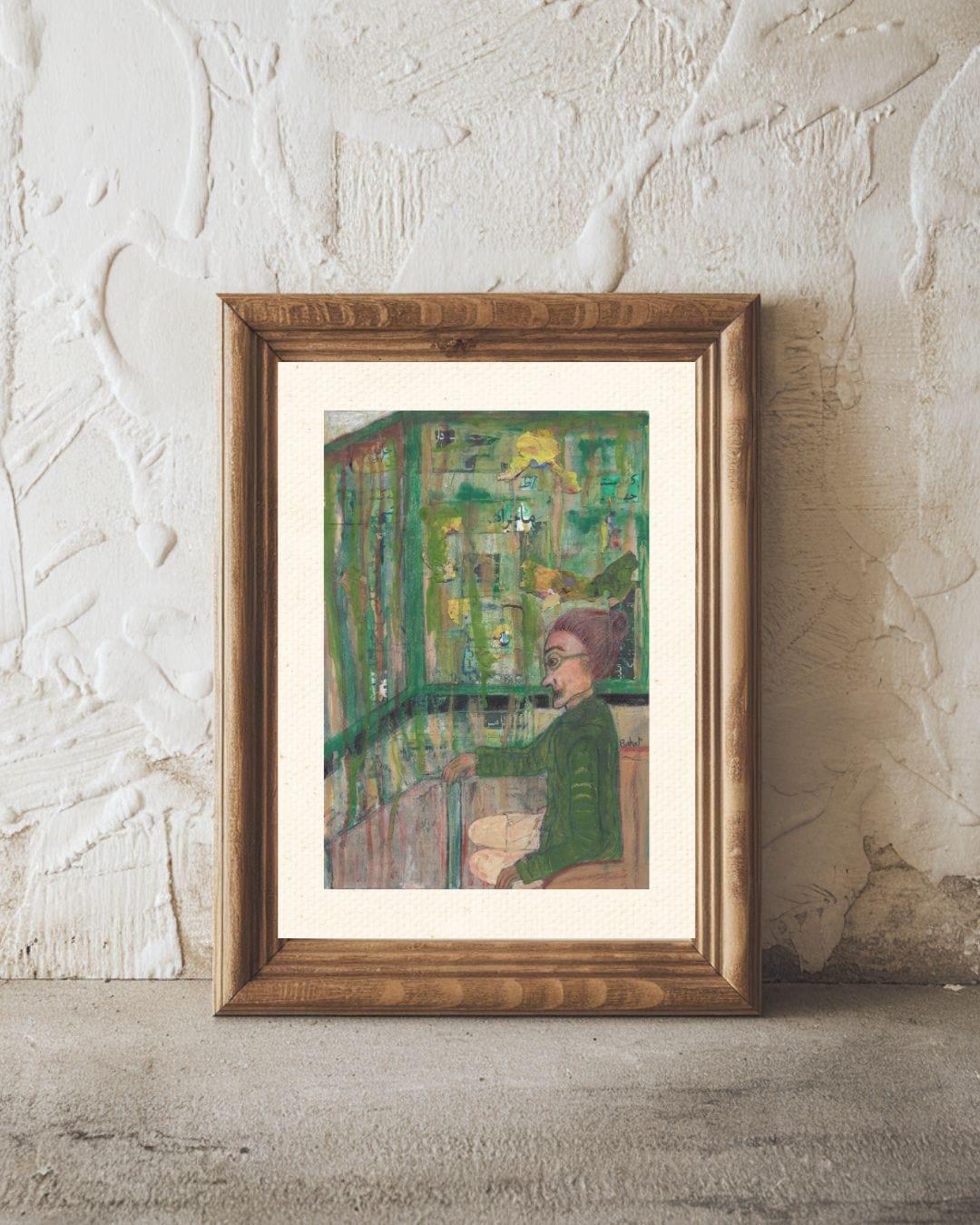 Emotional and abstract portrait of a woman in green tones, ideal for expressive home interiors
