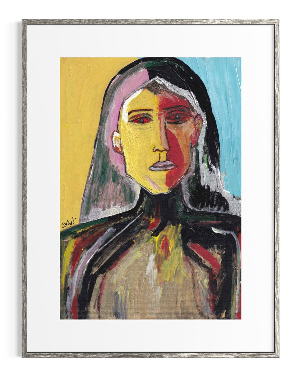 Framed abstract painting of a woman's portrait with bold colors on a white background