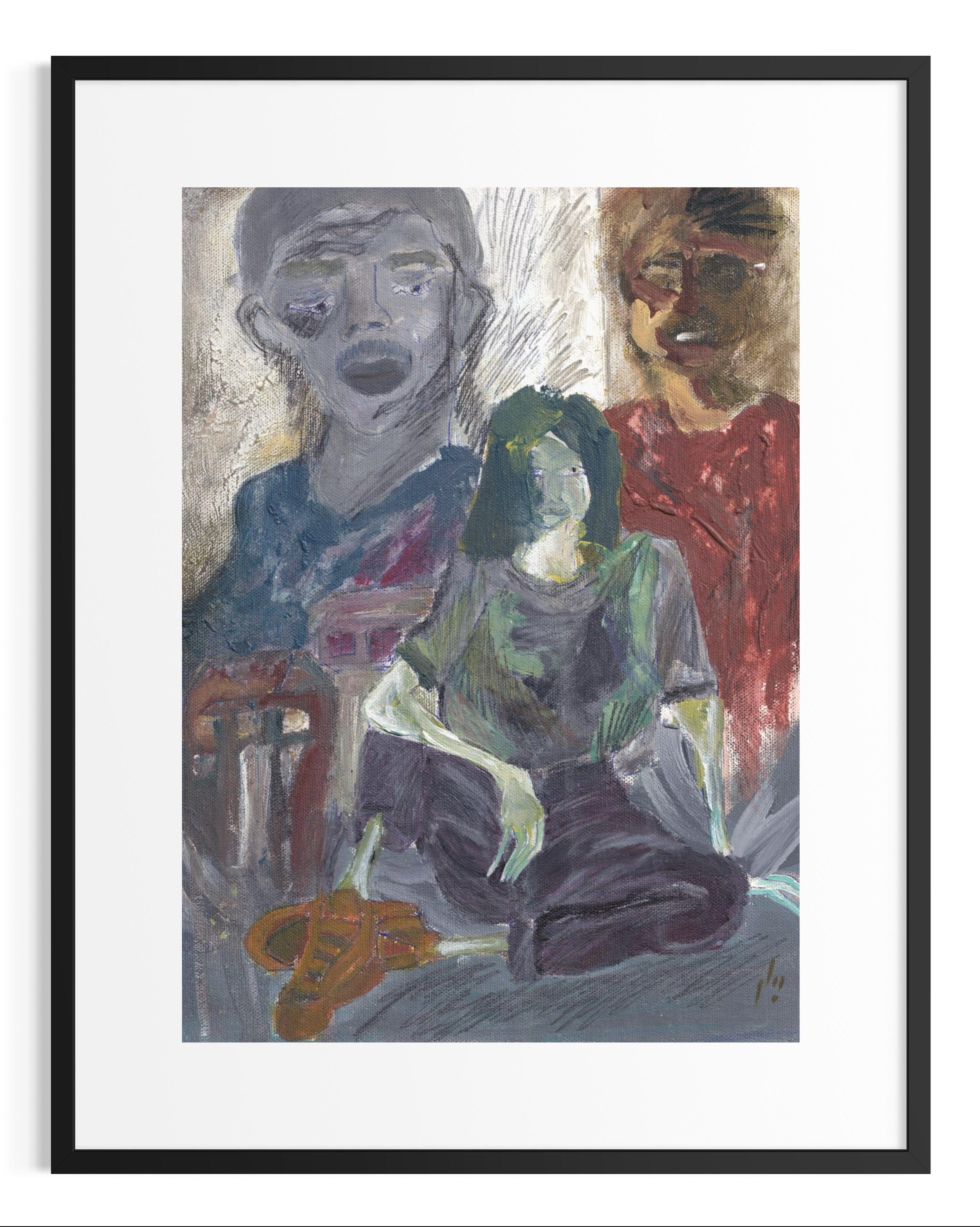 Framed artwork of three figures in a stylized manner.