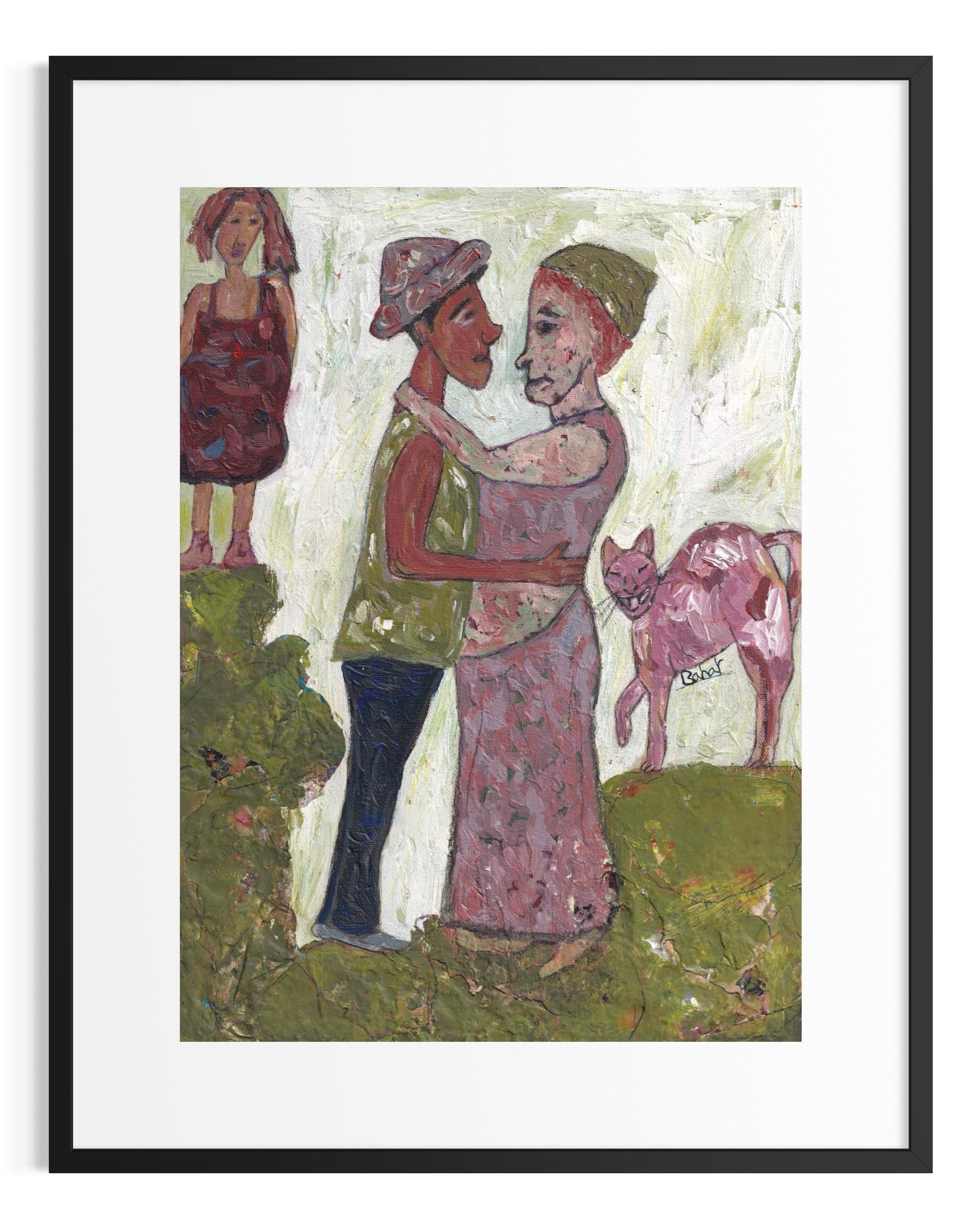 Framed artwork of two people embracing with a dog in a natural setting