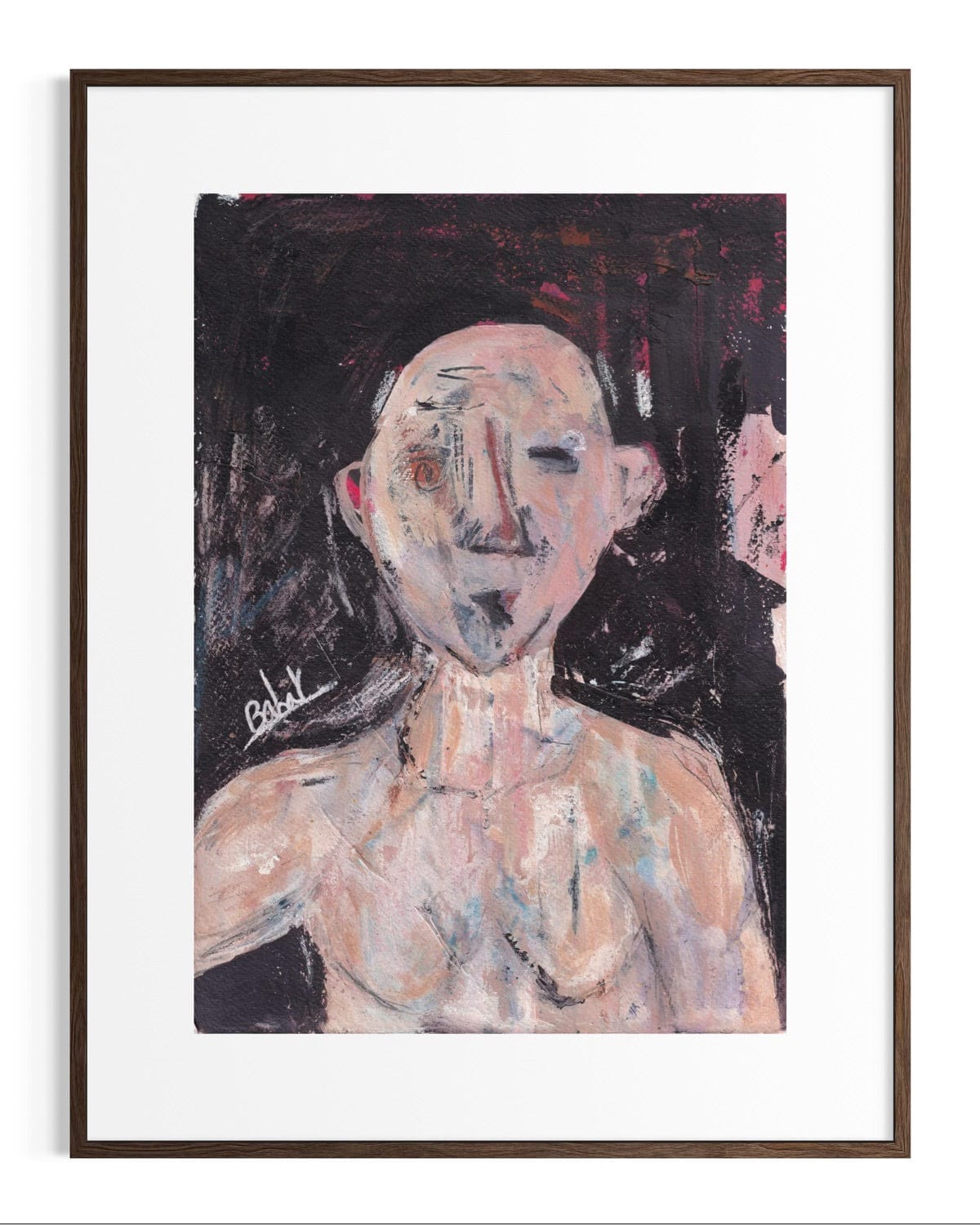 Framed abstract painting of a nude figure with a dark background