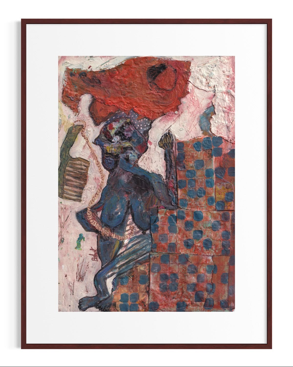 Framed abstract artwork with a figure and geometric patterns