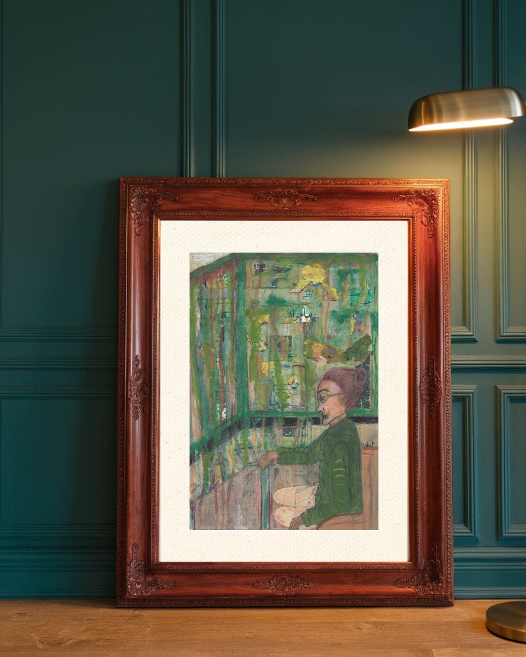 Neo-expressionist style artwork portraying a contemplative green woman with surreal accents