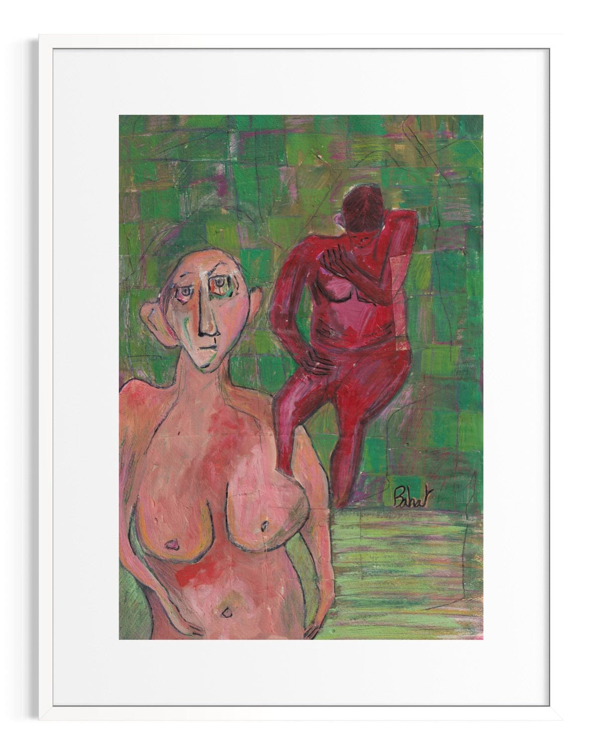 Abstract painting of two figures on a green background