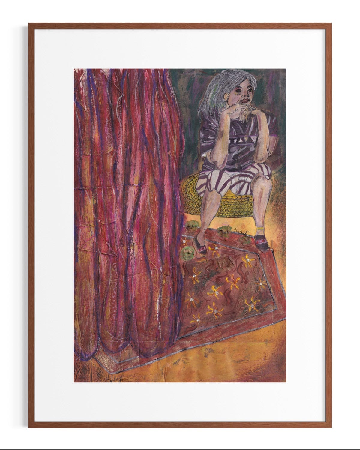 Framed artwork of a person sitting on a stool with a red curtain and patterned rug.