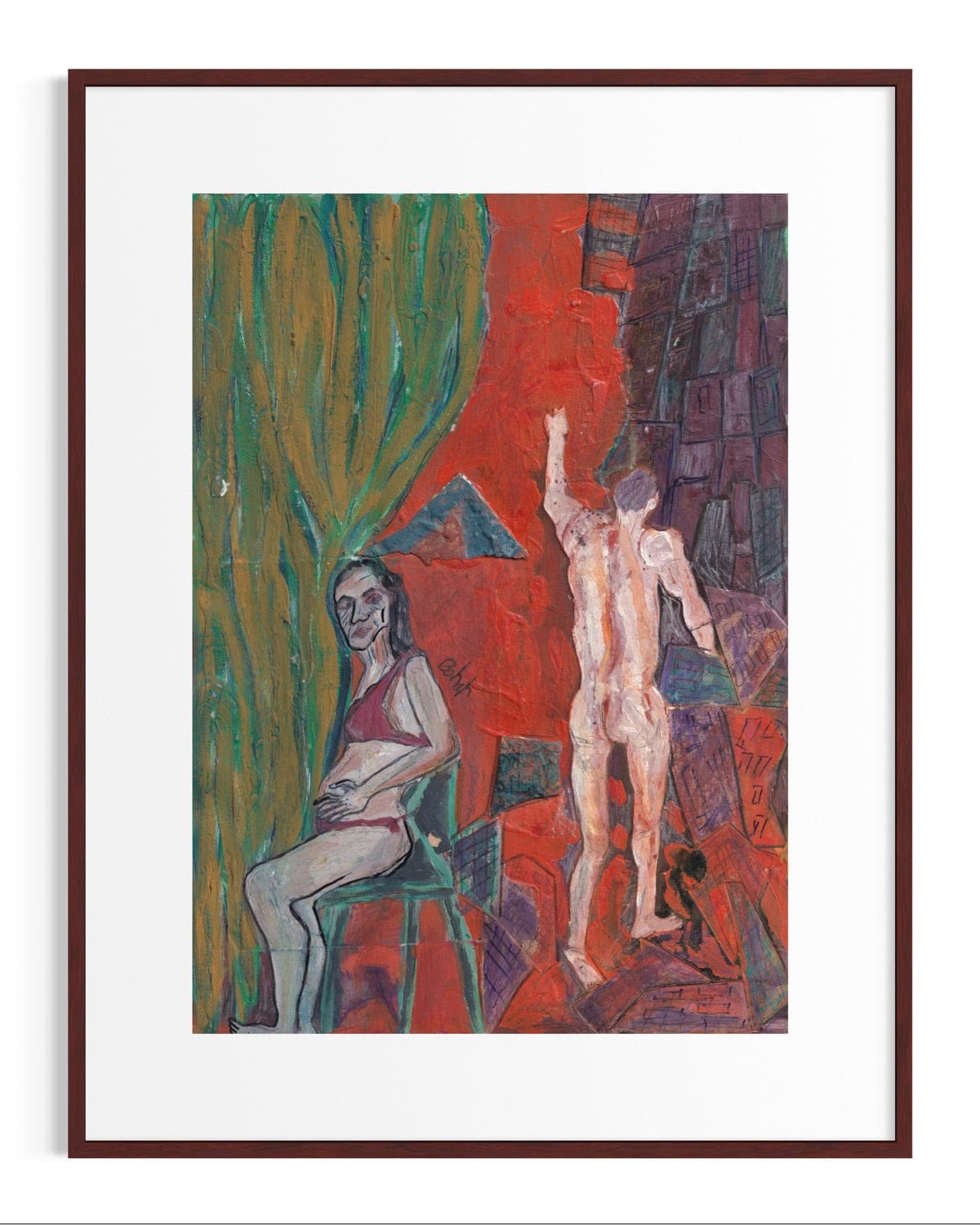 Framed artwork of two nude figures against a colorful abstract background