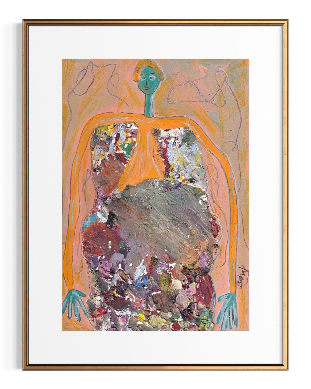 Artistic depiction of a human torso with colorful abstract patterns, framed in gold.