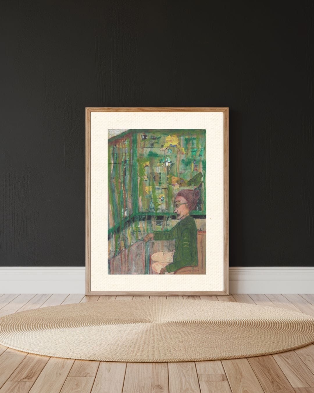 Contemporary wall decor print showing layered textures and symbolic expression in a green female figure