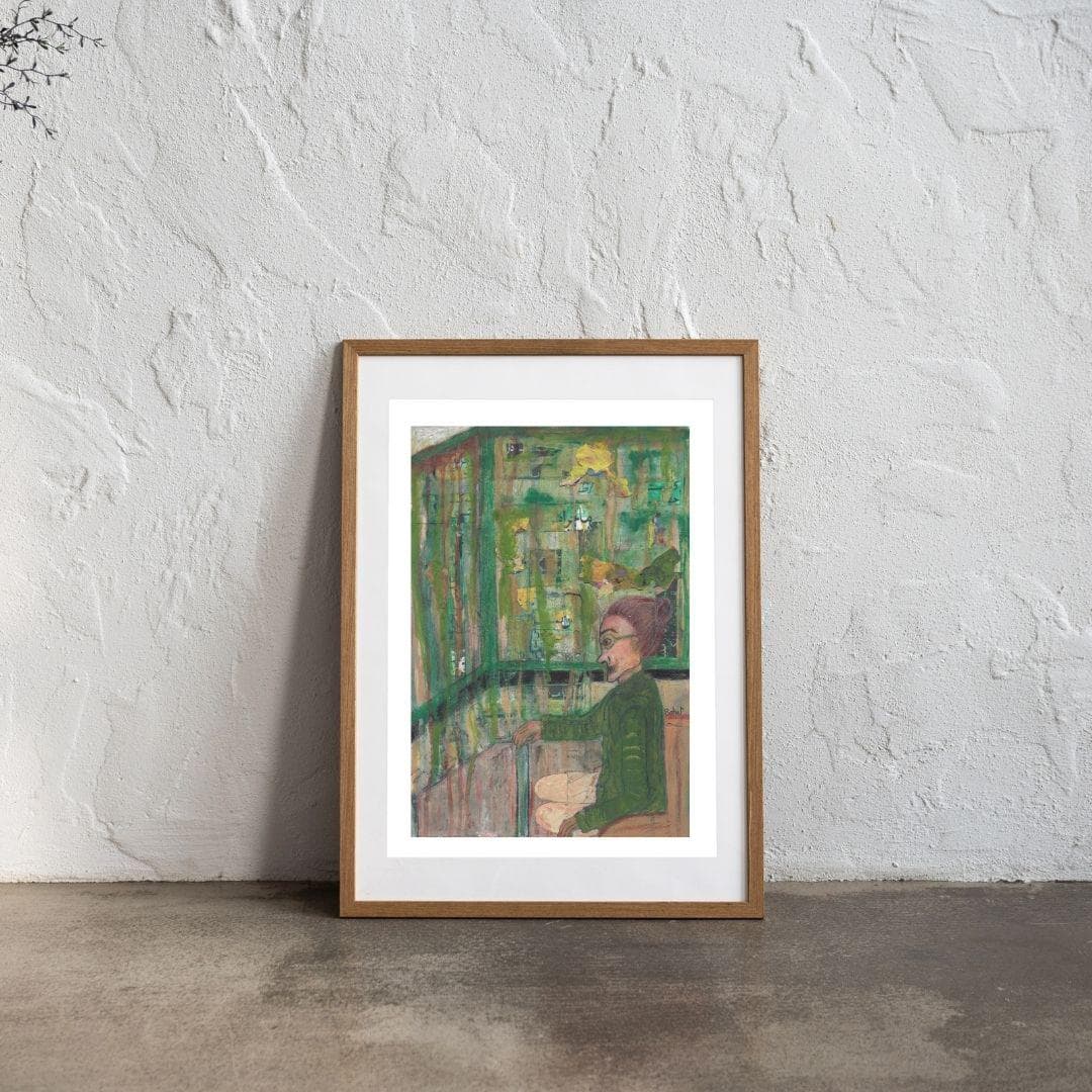 Surreal mixed media portrait in shades of green and blue, blending emotional depth and contemporary design