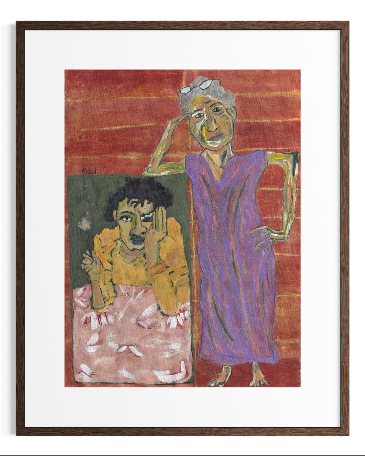 Framed artwork of two figures, one in a purple dress and the other in a yellow top, against a red background.