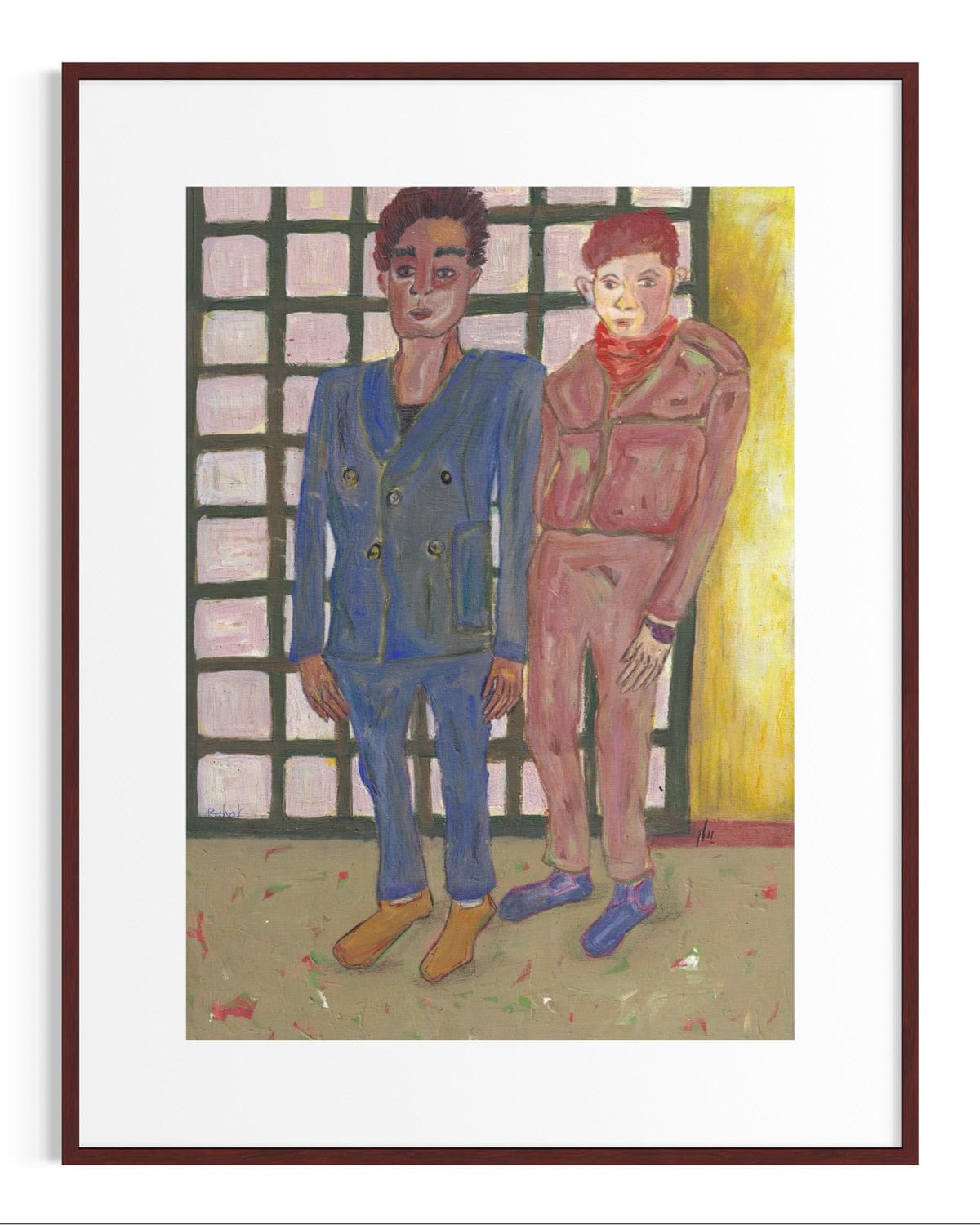 Framed artwork of two figures standing side by side against a window with grid pattern.