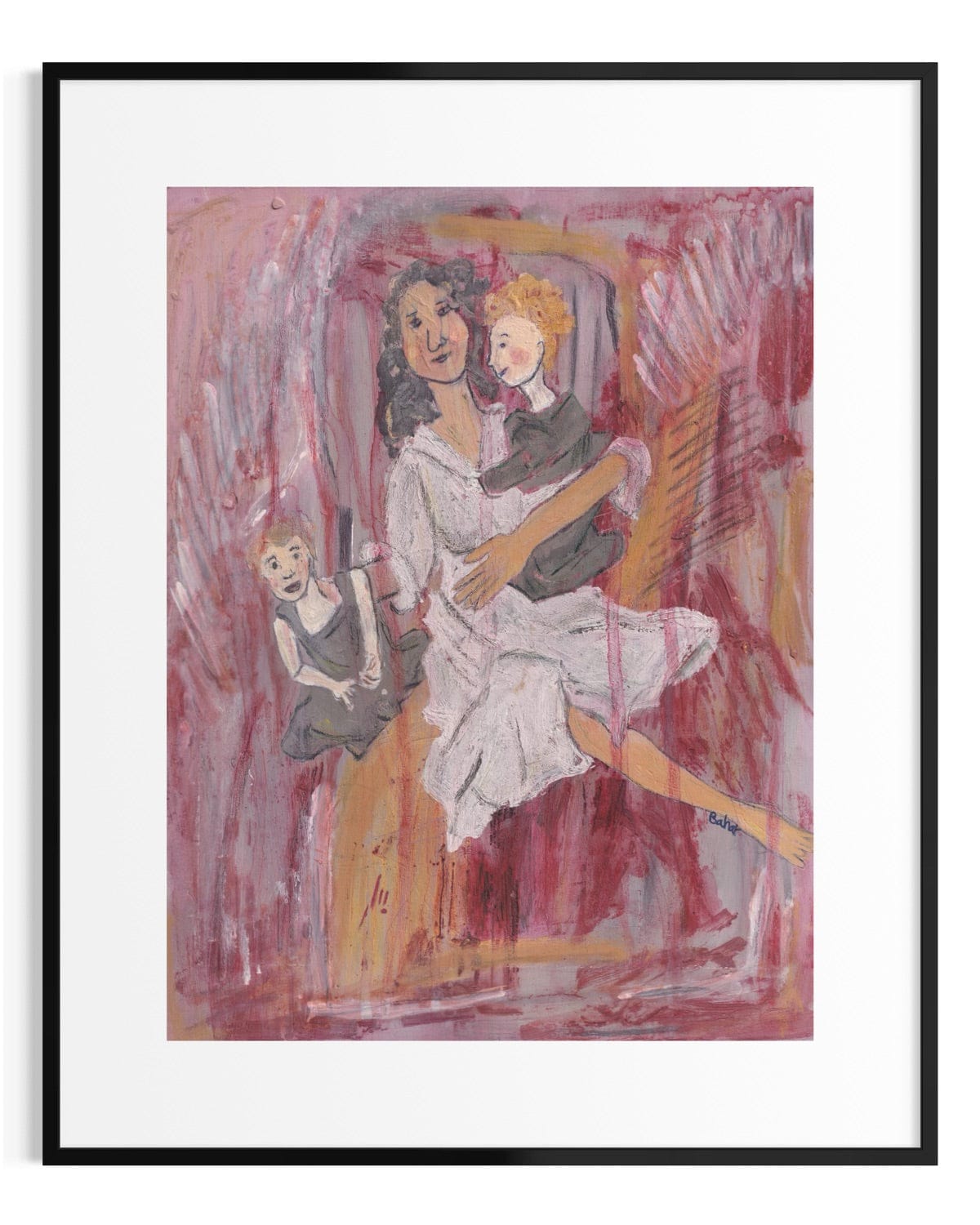 Artistic depiction of a woman holding a child with another child sitting on a chair, framed in black.