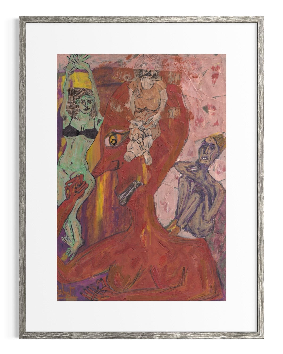 Framed abstract artwork with colorful figures on a white background