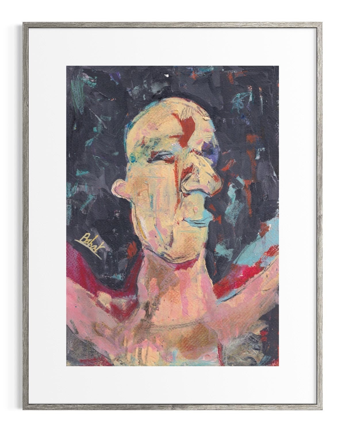 Framed abstract painting of a face with colorful strokes on a dark background