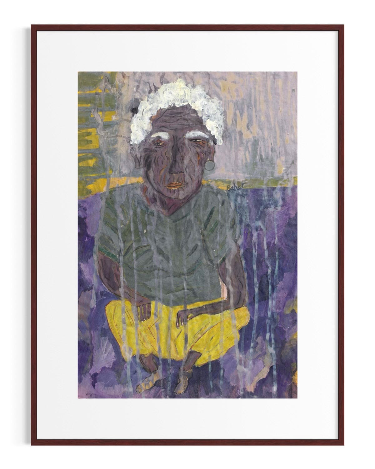 Framed artwork of a person wearing a green shirt and yellow pants against a purple background.