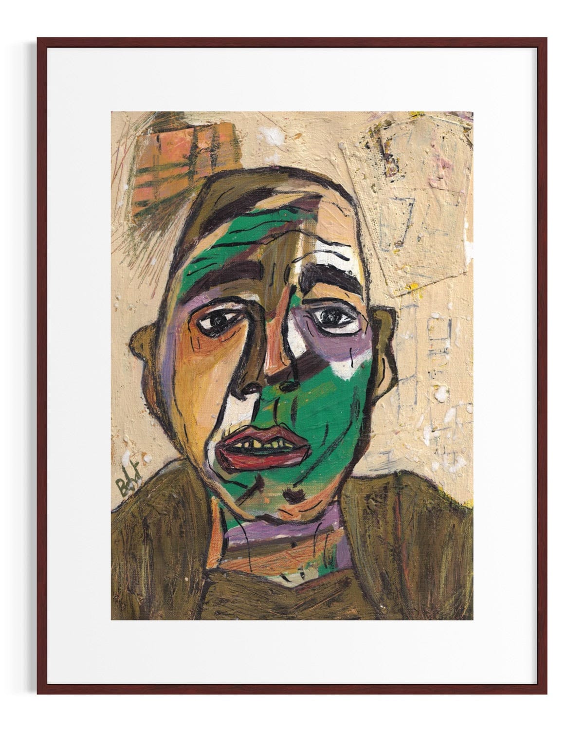 Framed abstract artwork of a face with a white border
