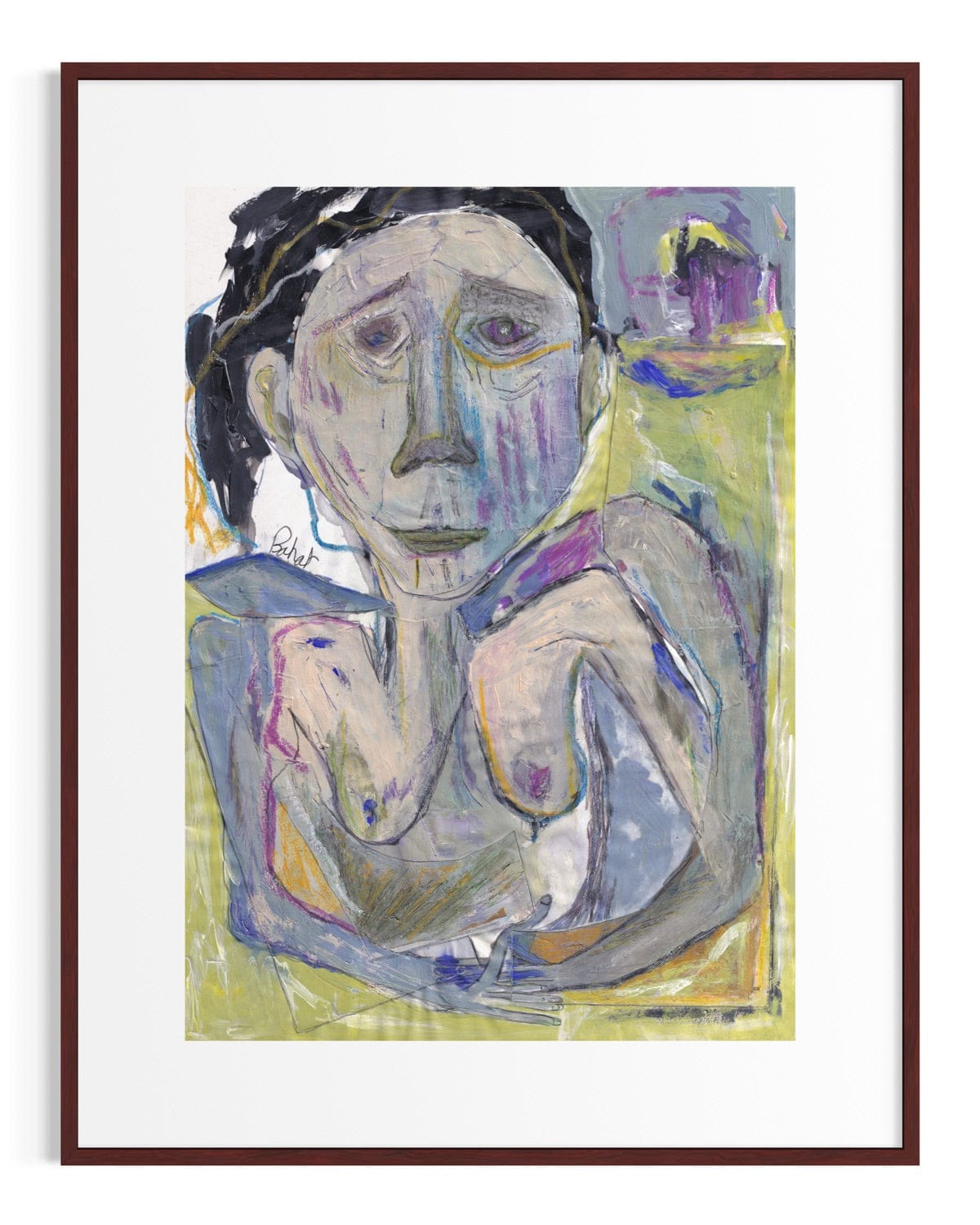 Framed abstract artwork of a nude figure with a colorful background