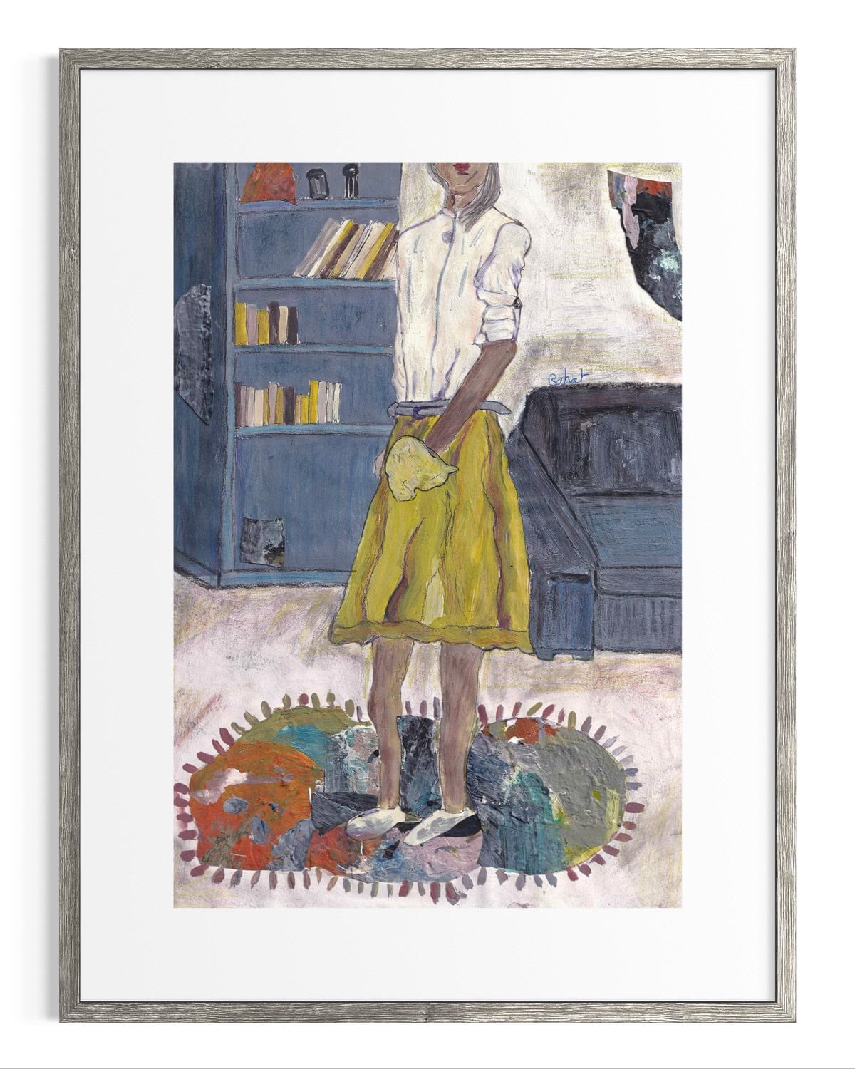 Framed artwork of a person in a yellow skirt standing in a room with books and a sofa.