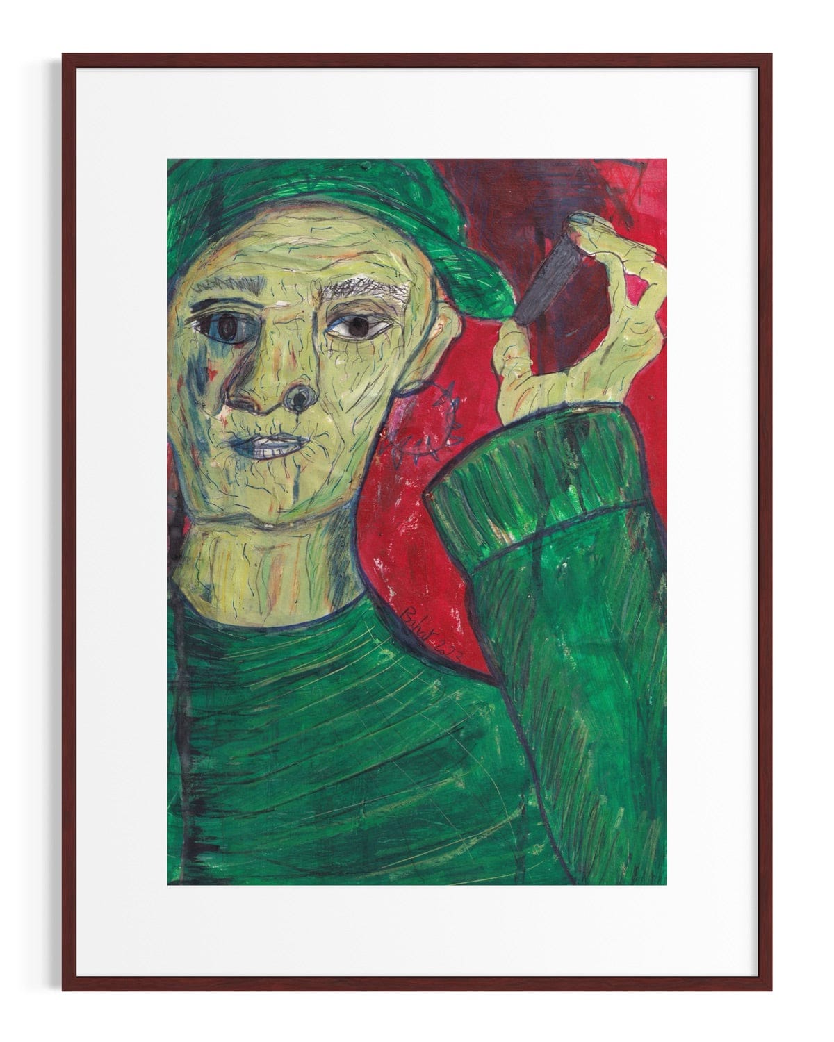 Framed artwork of a person wearing a green hat and green sweater with a red background.