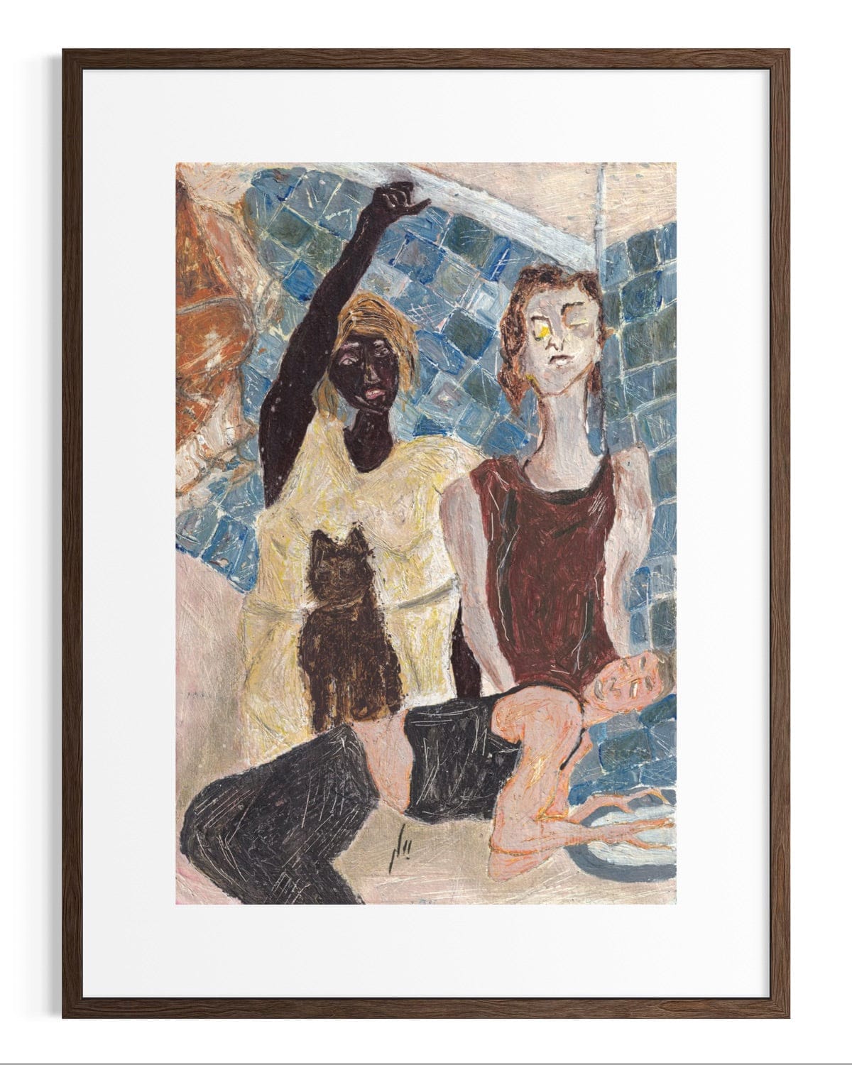 Framed artwork of two figures with a cat against a mosaic background