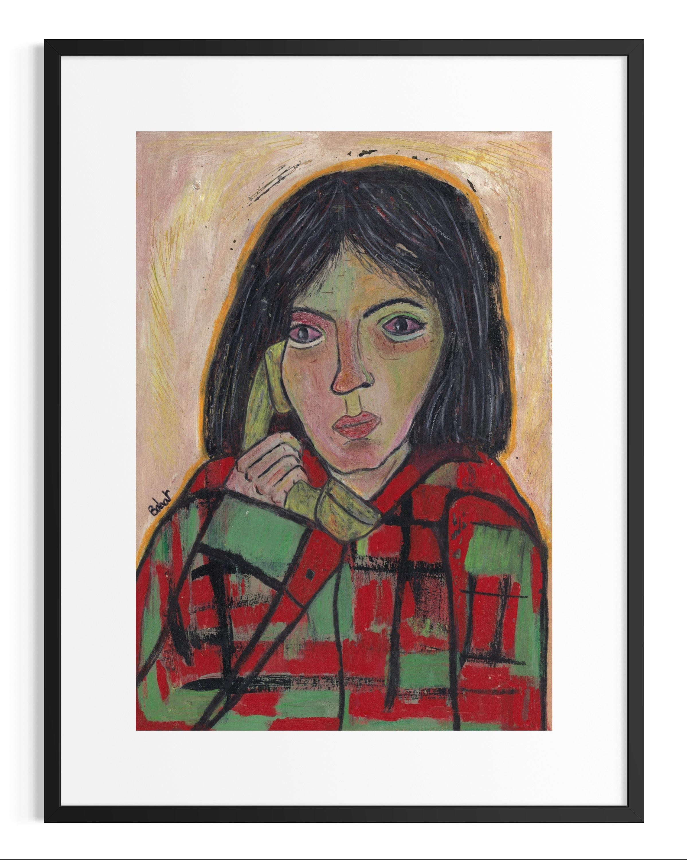 Artistic portrait of a person with a checkered shirt and phone, framed in black.