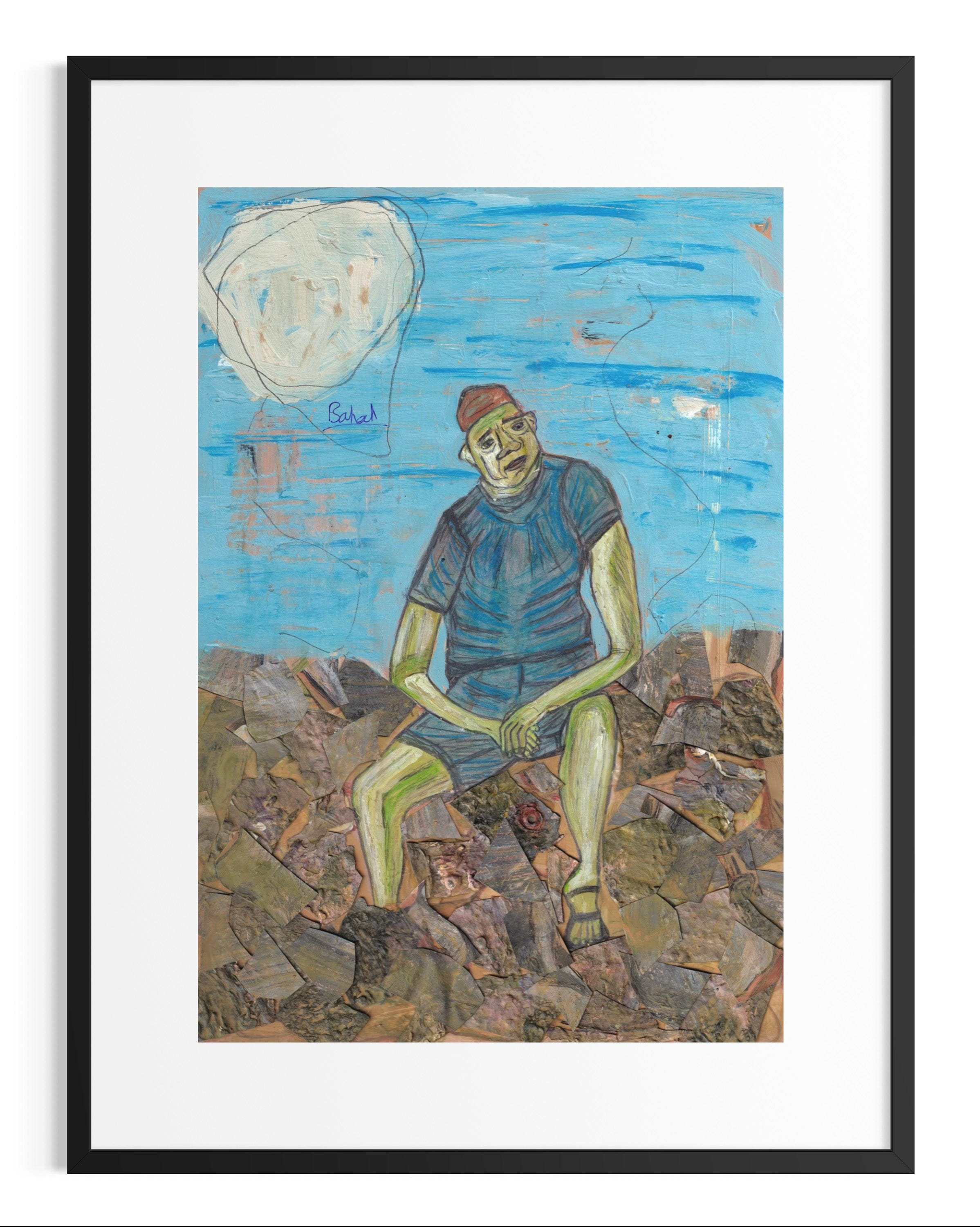 Framed artwork of a person sitting on rocks with a blue sky and moon in the background.