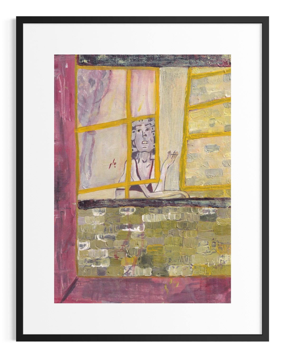 Framed abstract artwork with colorful patterns and a window-like design.