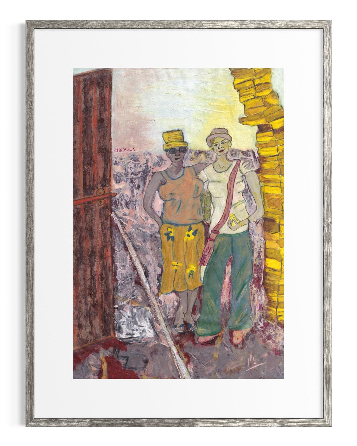 Framed artwork of two figures standing next to a wooden structure.