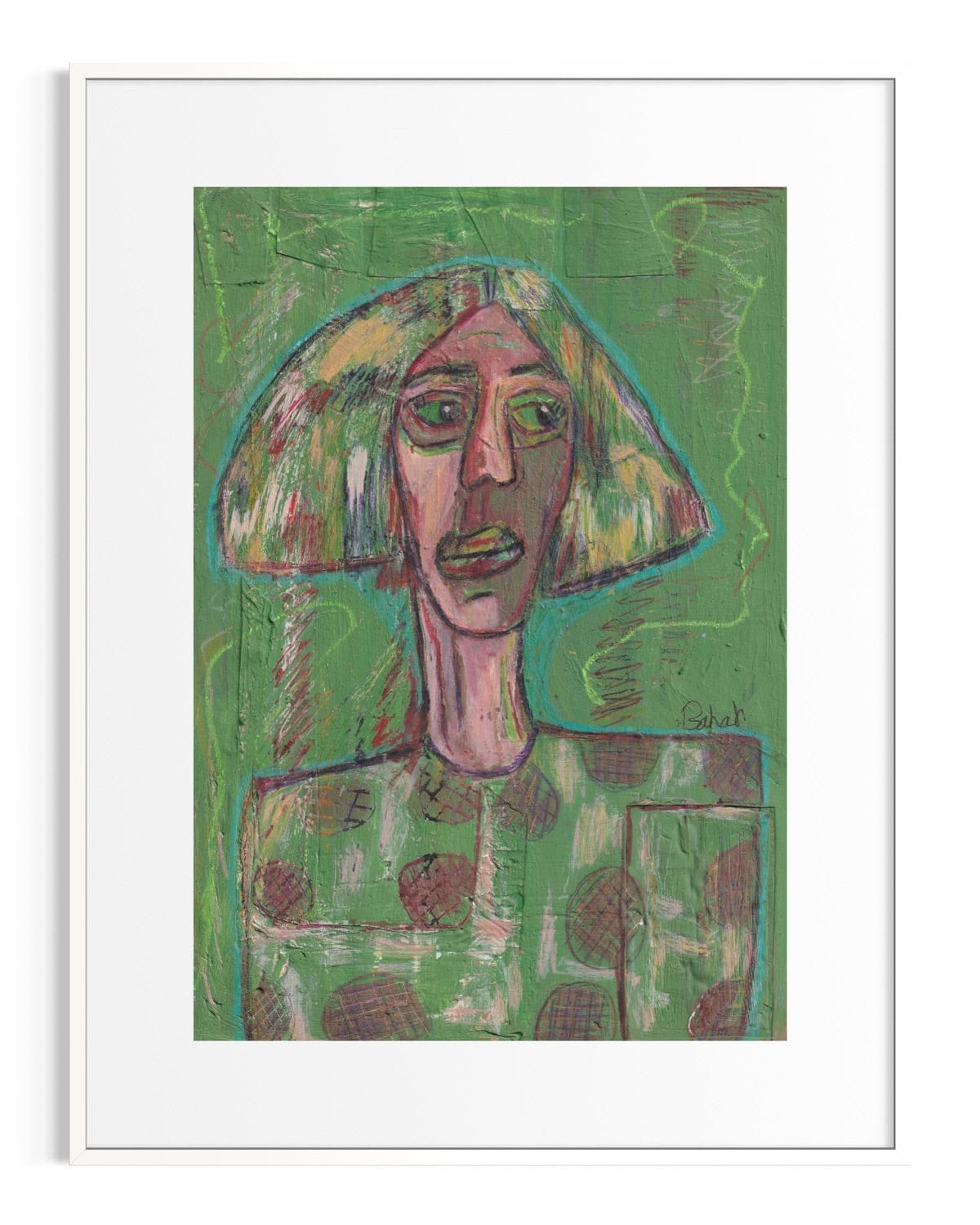 Framed artwork of a stylized portrait with abstract design on a green background