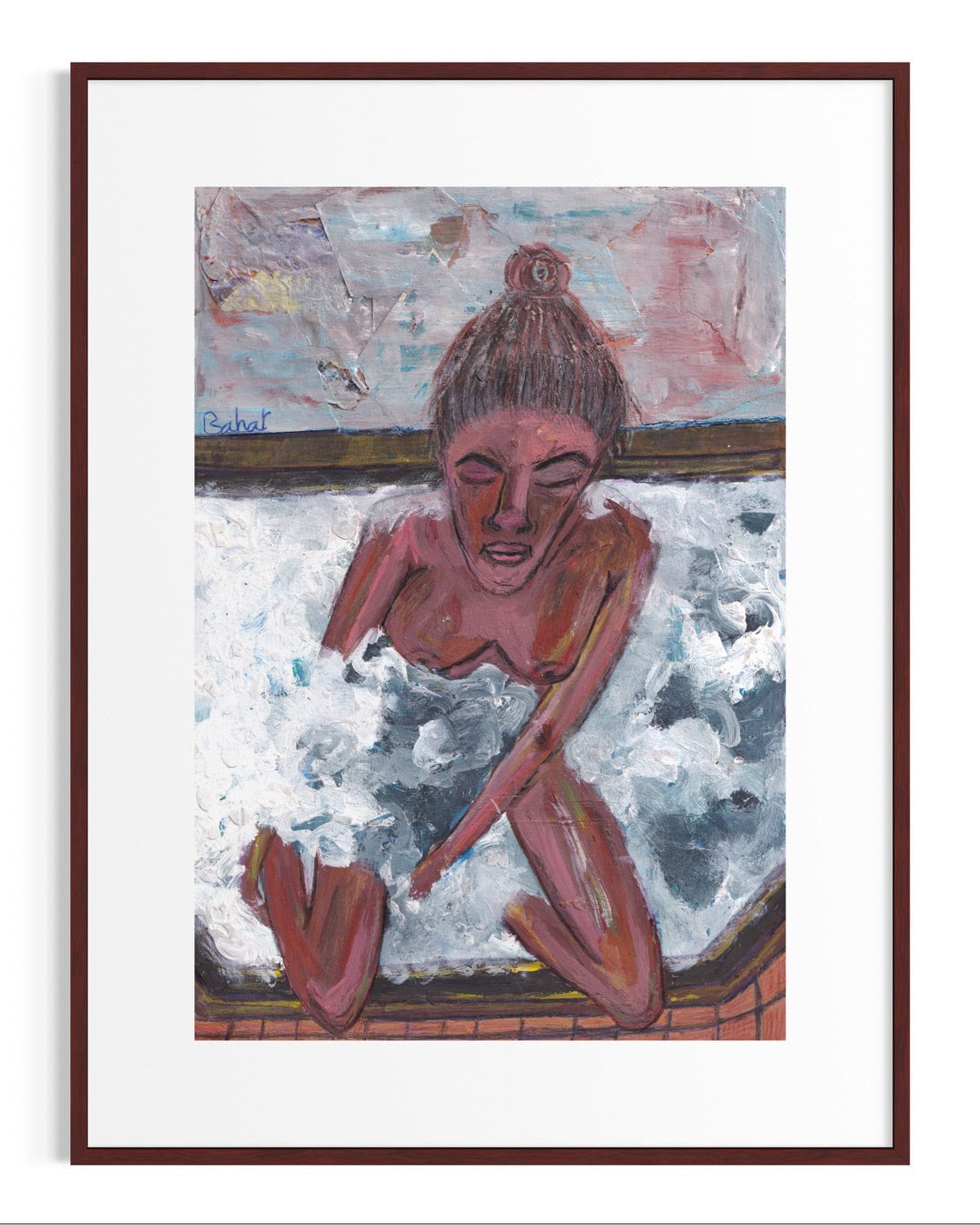 Artistic depiction of a person in water with a textured frame