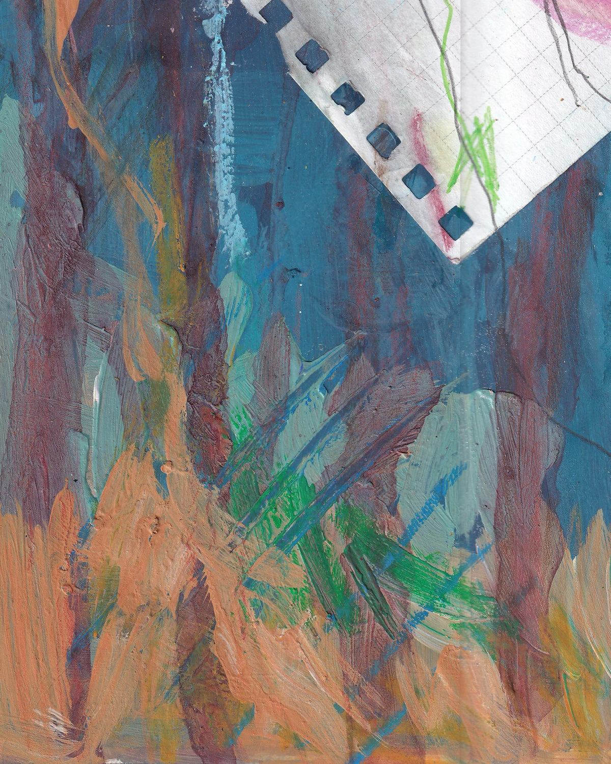 Abstract artwork with colorful brush strokes on a textured surface
