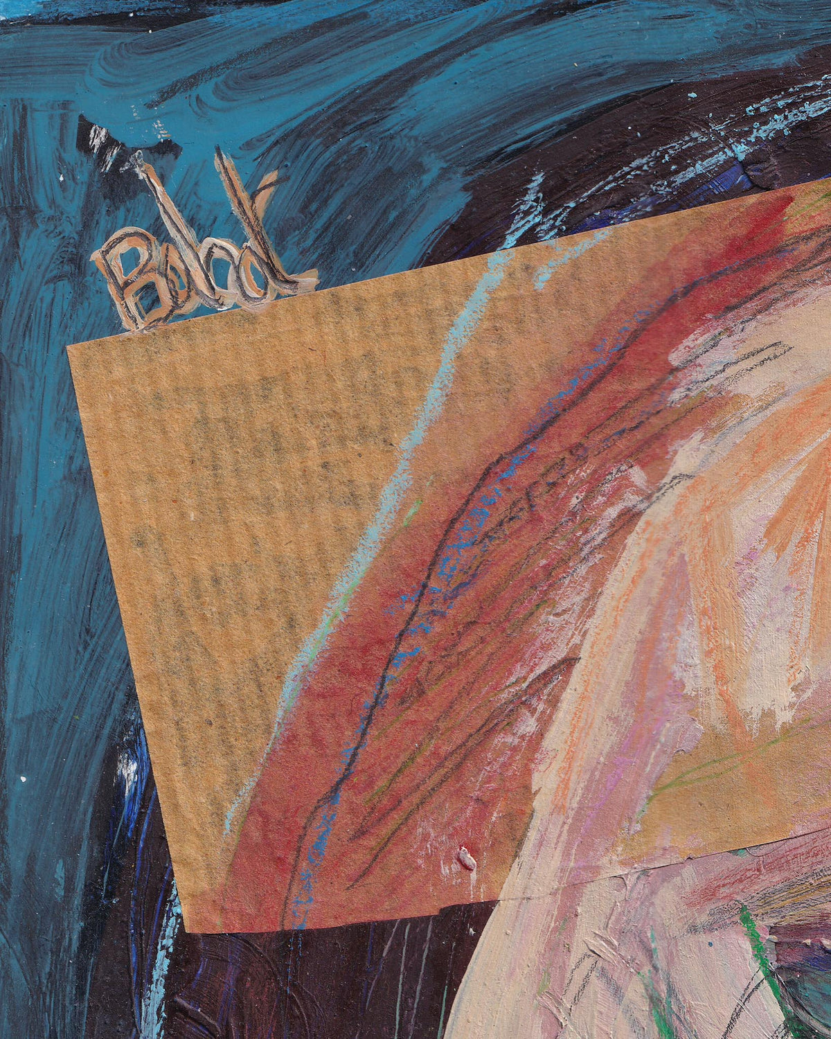 Abstract art piece with text and colorful brush strokes