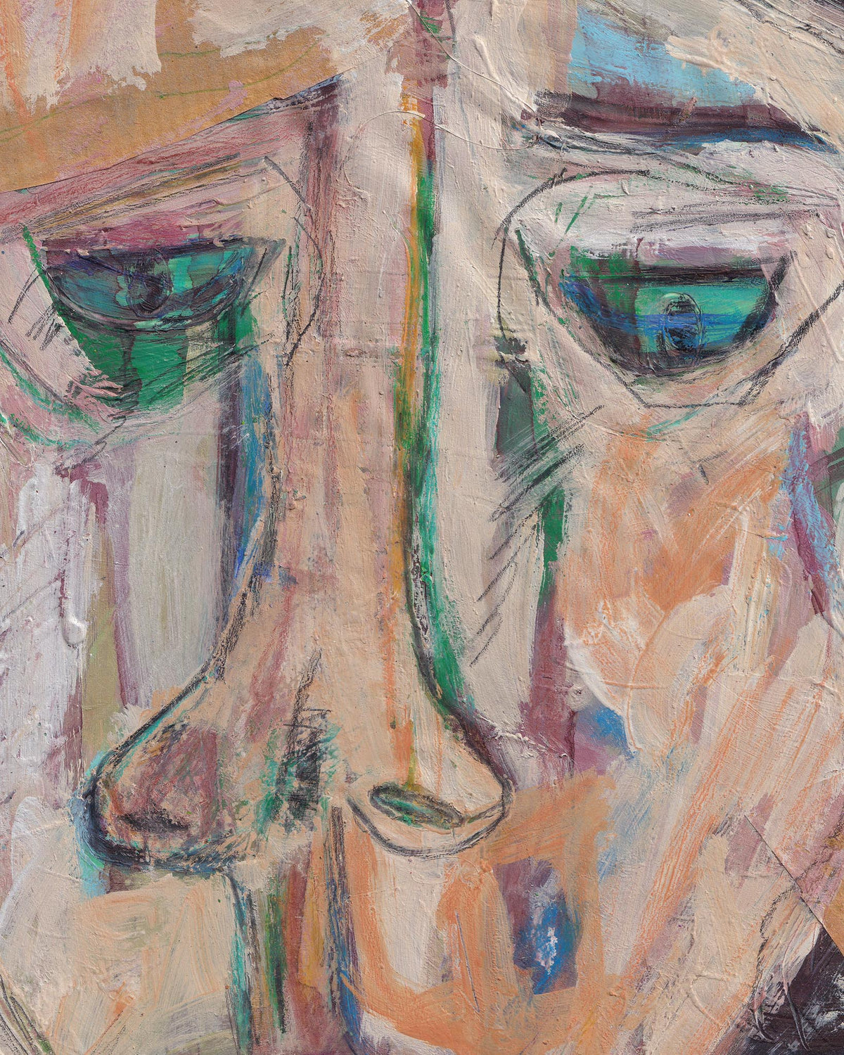 Abstract painting of a face with bold lines and colors