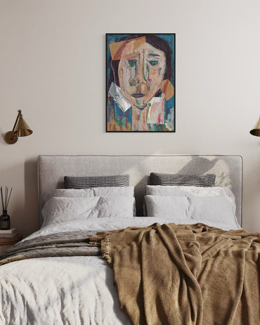 Bedroom with a bed, pillows, and a colorful abstract painting on the wall.