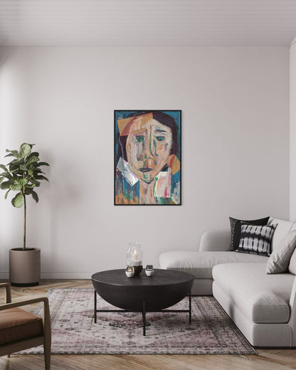 Living room with a modern sofa, coffee table, and abstract painting on the wall.