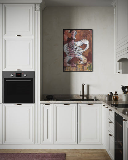 Modern kitchen with white cabinets, black appliances, and a wall art piece.