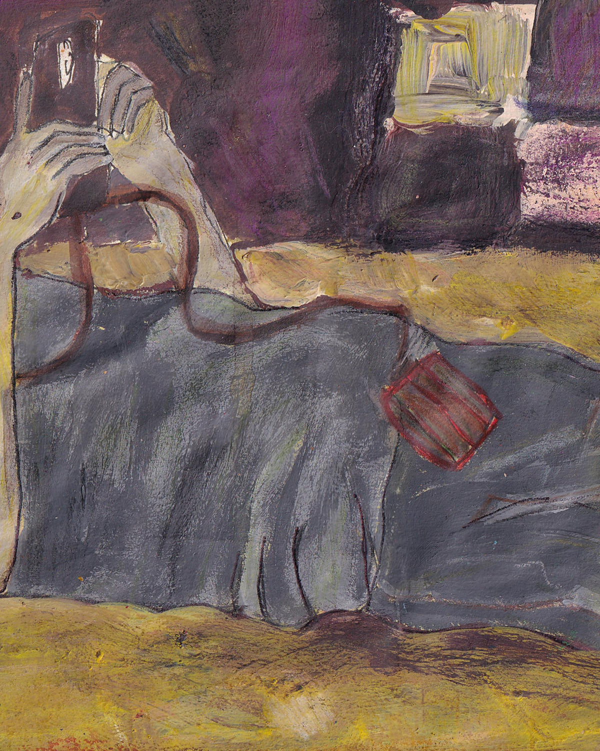 Abstract painting with dark gray, yellow, and red colors