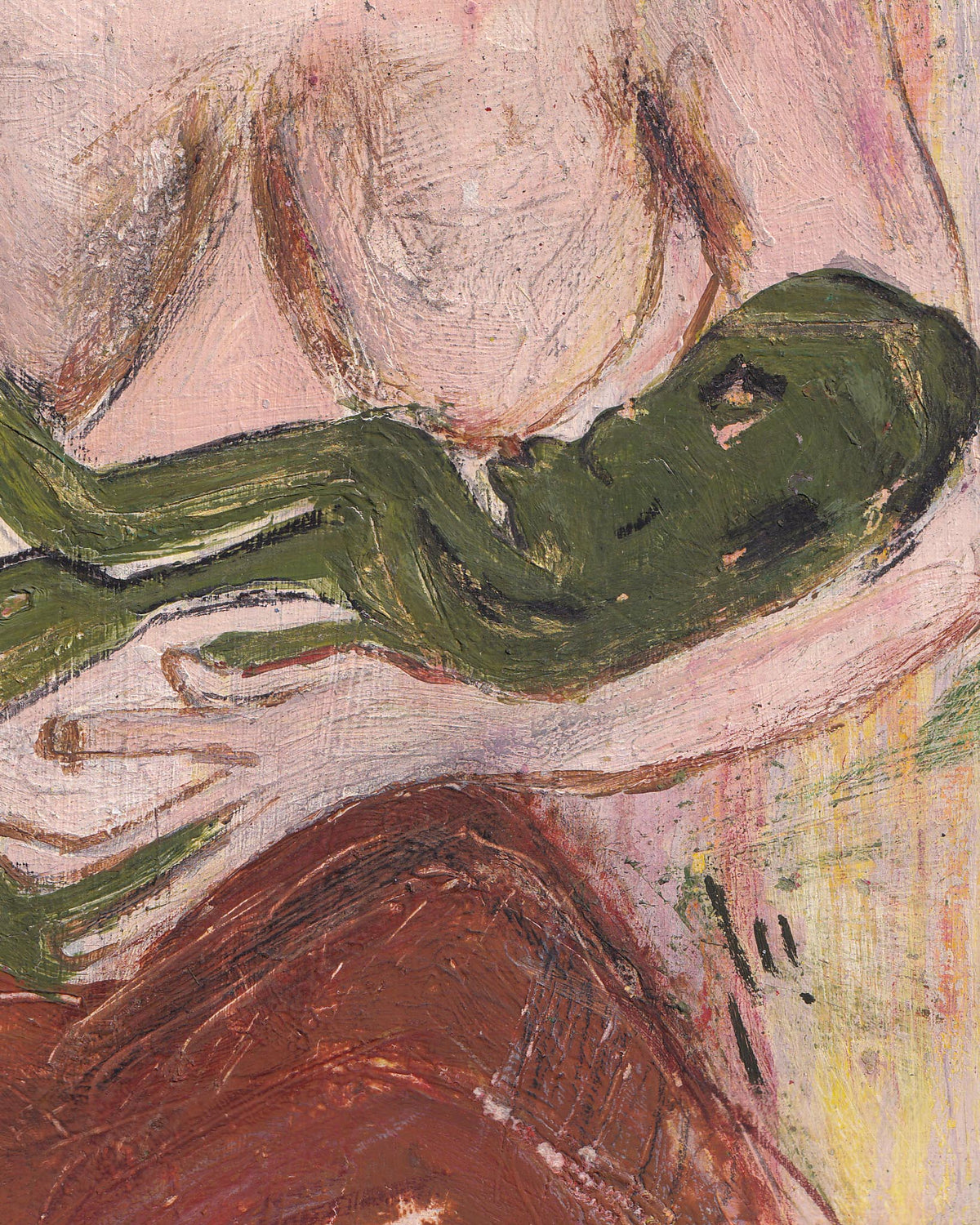 Abstract painting with a green shape on a textured surface
