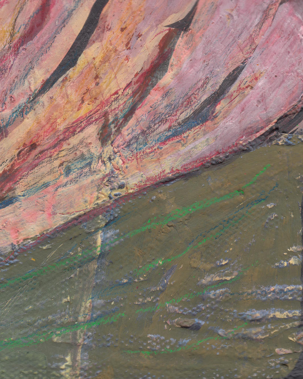 Abstract painting with pink, brown, and green colors