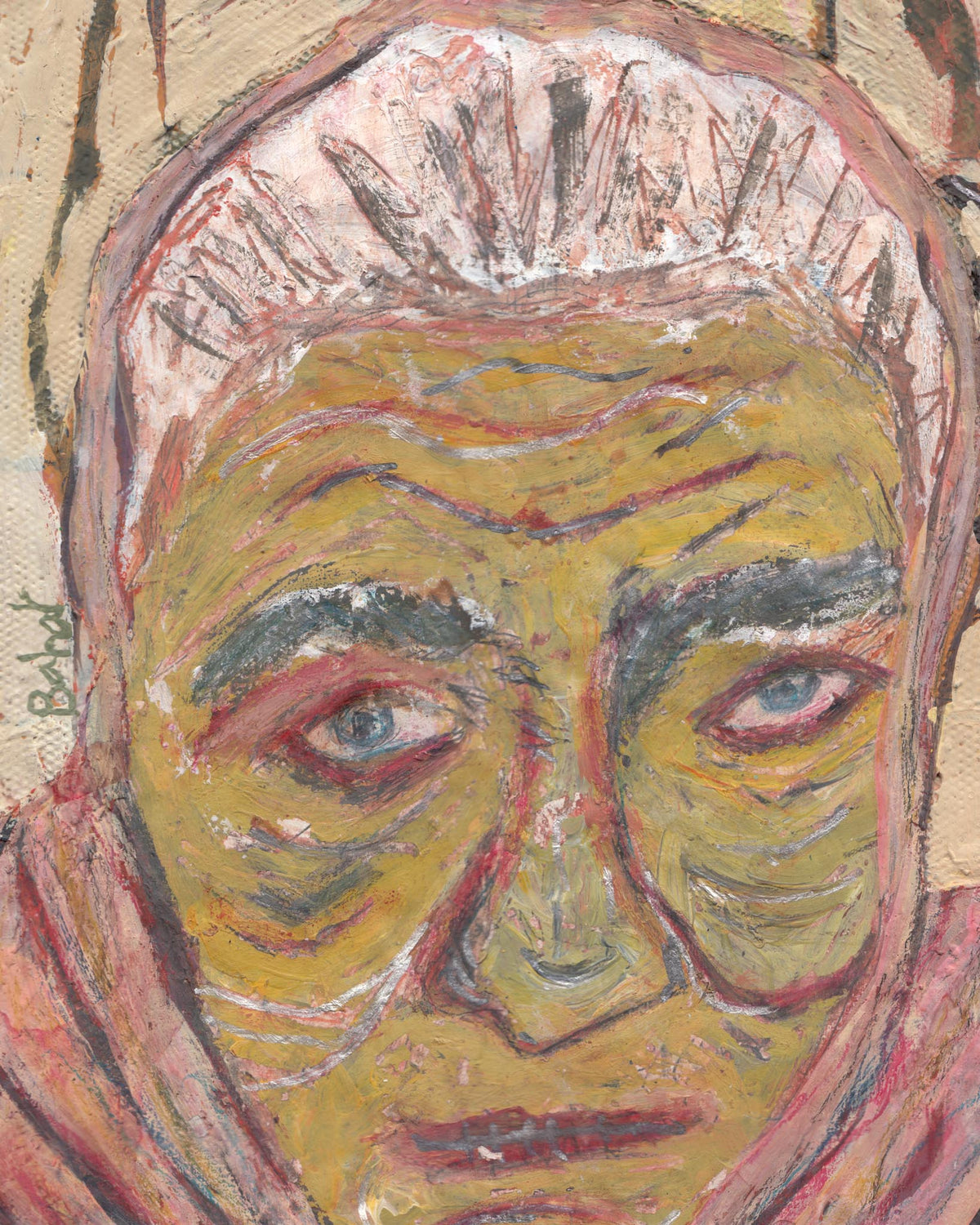 Abstract painting of a face with a stylized headdress on a textured background